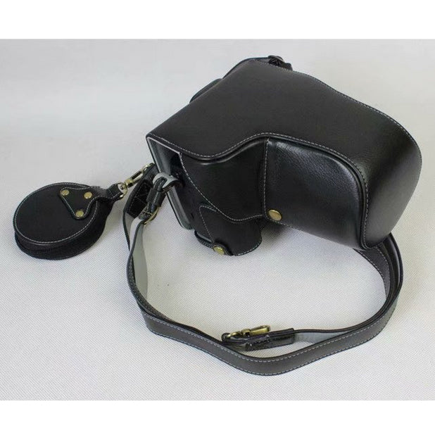 Genuine Leather Protective Case + Strap + Camera Lens Bag for Panasonic DMC-GH5GK Camera with 45-150mm Lens - Black
