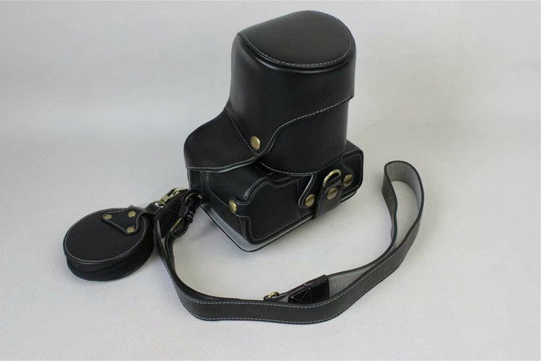 Genuine Leather Protective Case + Strap + Camera Lens Bag for Panasonic DMC-GH5GK Camera with 45-150mm Lens - Black