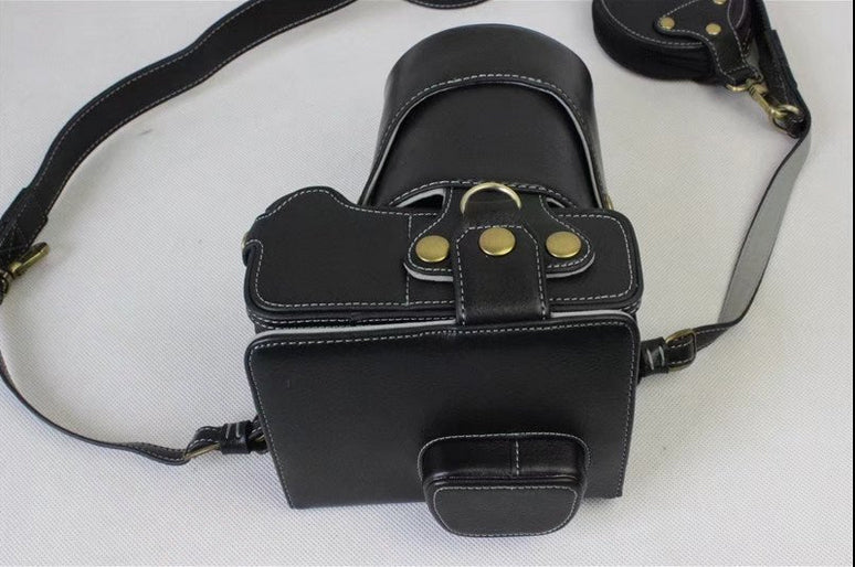 Genuine Leather Protective Case + Strap + Camera Lens Bag for Panasonic DMC-GH5GK Camera with 45-150mm Lens - Black