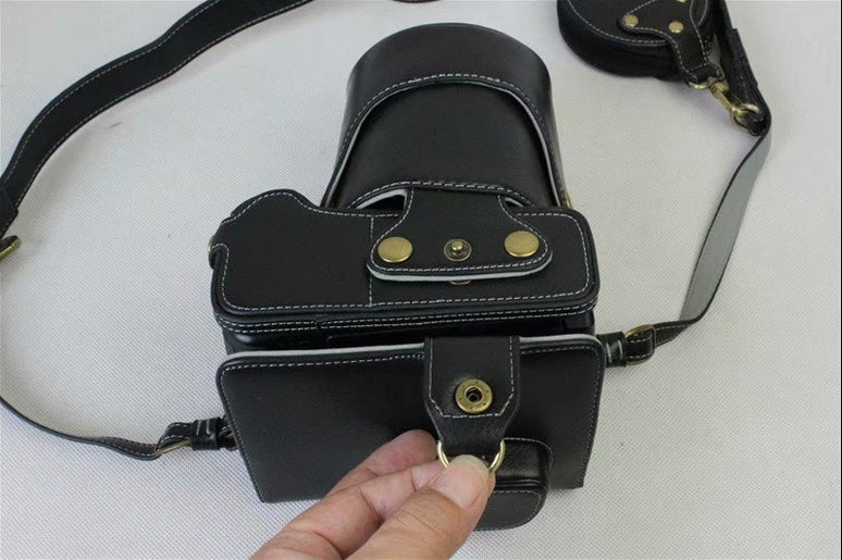 Genuine Leather Protective Case + Strap + Camera Lens Bag for Panasonic DMC-GH5GK Camera with 45-150mm Lens - Black