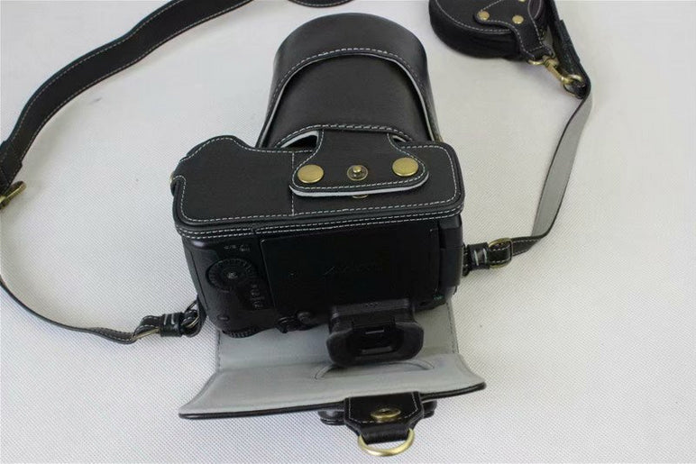 Genuine Leather Protective Case + Strap + Camera Lens Bag for Panasonic DMC-GH5GK Camera with 45-150mm Lens - Black