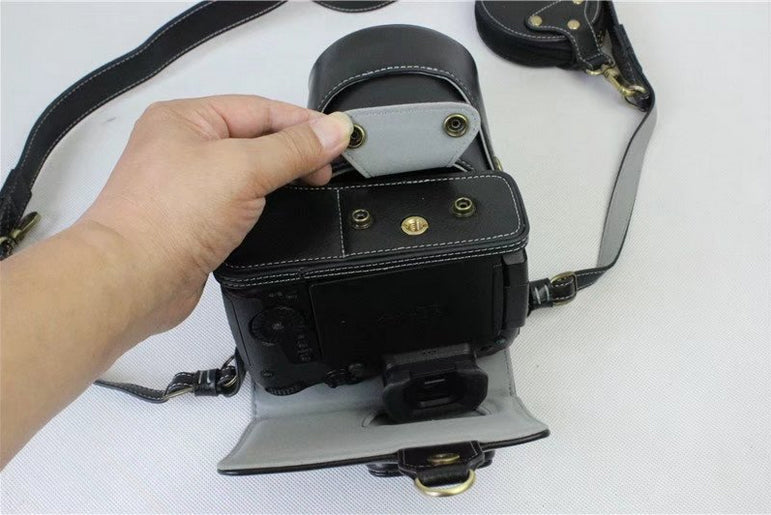 Genuine Leather Protective Case + Strap + Camera Lens Bag for Panasonic DMC-GH5GK Camera with 45-150mm Lens - Black