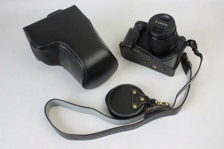 Genuine Leather Protective Case + Strap + Camera Lens Bag for Panasonic DMC-GH5GK Camera with 45-150mm Lens - Black