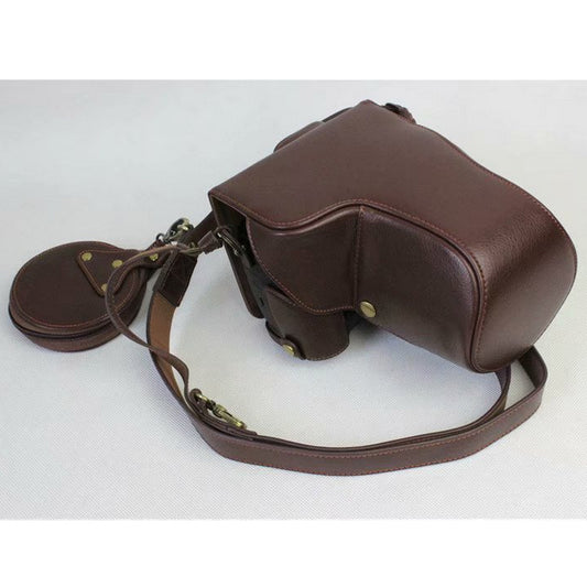 Genuine Leather Protective Cover + Strap + Camera Lens Bag for Panasonic DMC-GH5GK Camera with 45-150mm Lens - Coffee