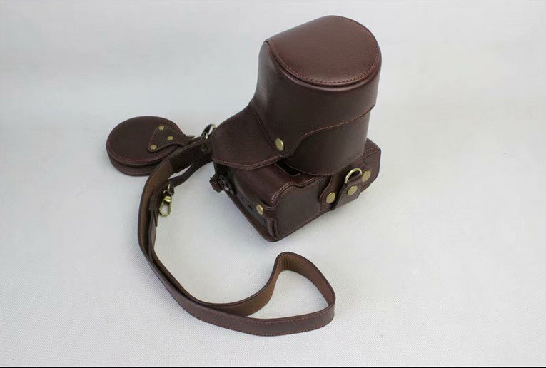 Genuine Leather Protective Cover + Strap + Camera Lens Bag for Panasonic DMC-GH5GK Camera with 45-150mm Lens - Coffee