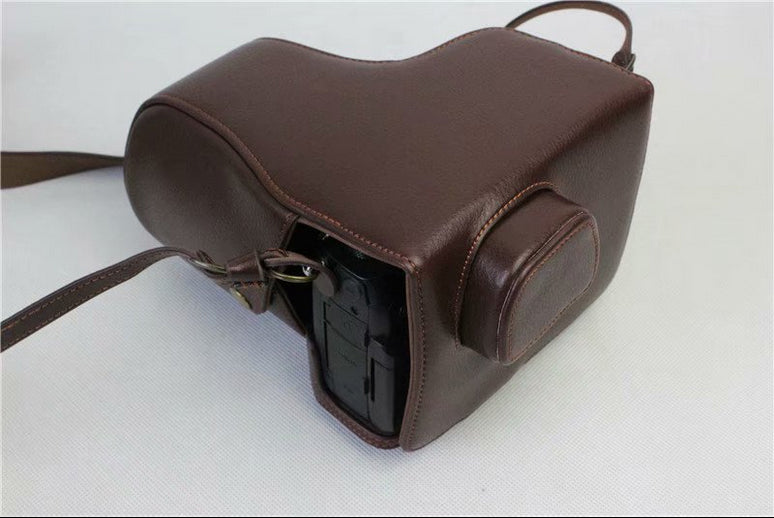 Genuine Leather Protective Cover + Strap + Camera Lens Bag for Panasonic DMC-GH5GK Camera with 45-150mm Lens - Coffee