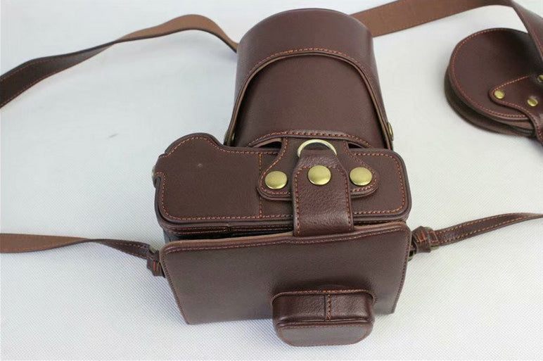 Genuine Leather Protective Cover + Strap + Camera Lens Bag for Panasonic DMC-GH5GK Camera with 45-150mm Lens - Coffee
