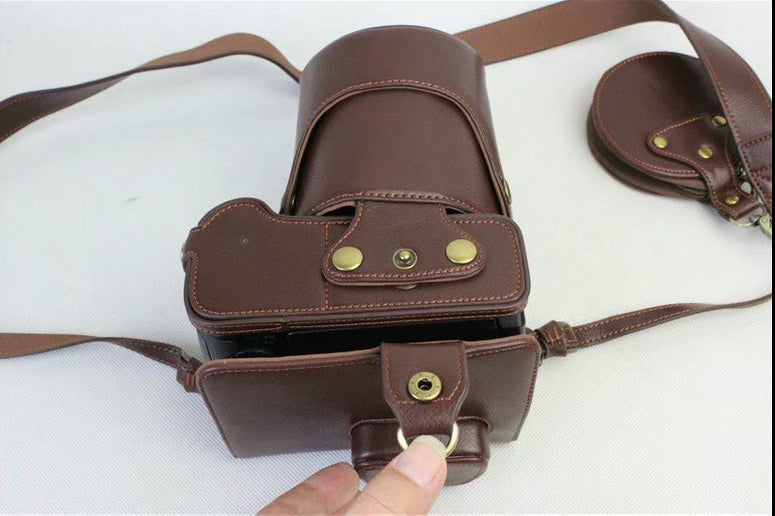 Genuine Leather Protective Cover + Strap + Camera Lens Bag for Panasonic DMC-GH5GK Camera with 45-150mm Lens - Coffee