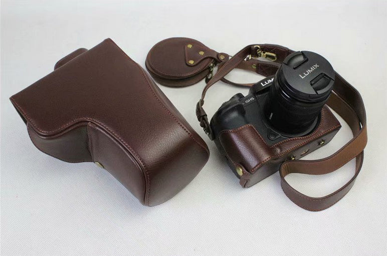Genuine Leather Protective Cover + Strap + Camera Lens Bag for Panasonic DMC-GH5GK Camera with 45-150mm Lens - Coffee
