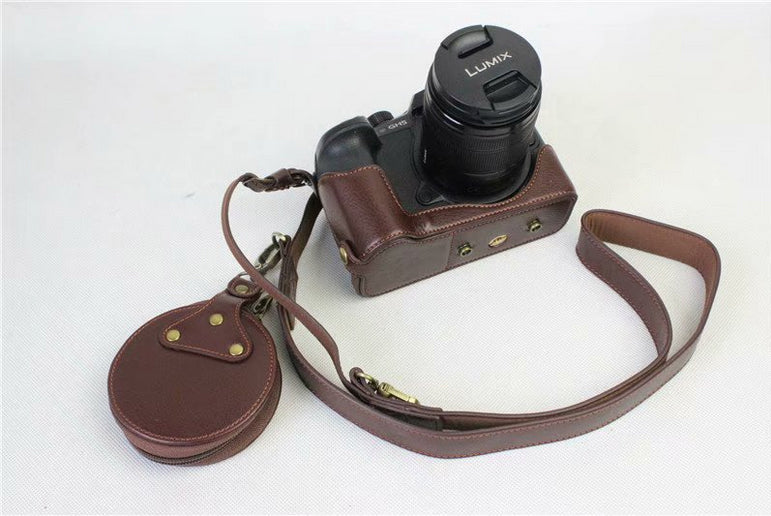 Genuine Leather Protective Cover + Strap + Camera Lens Bag for Panasonic DMC-GH5GK Camera with 45-150mm Lens - Coffee