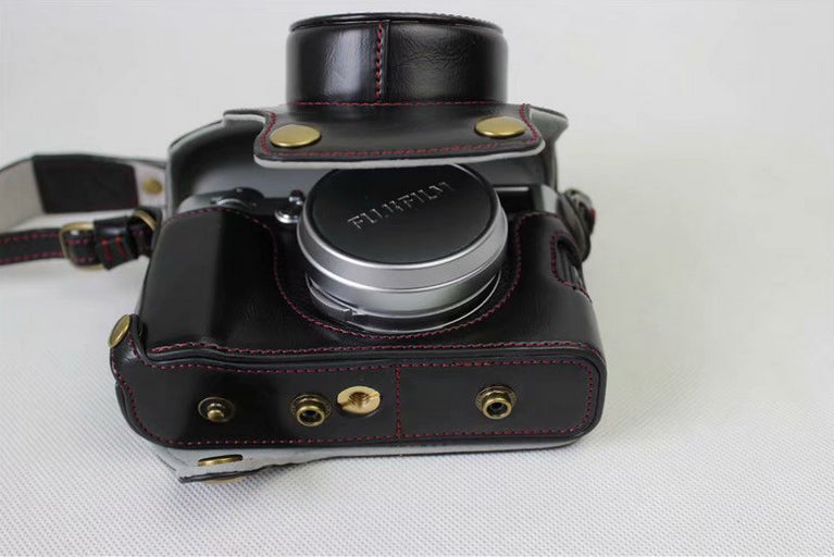 PU Leather Camera Protective Case + Strap + Camera Lens Bag for Fujifilm X100F - Black