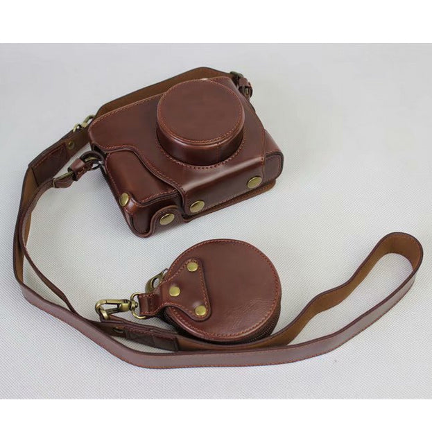 PU Leather Protection Camera Shell + Strap + Camera Lens Bag for Fujifilm X100F - Coffee