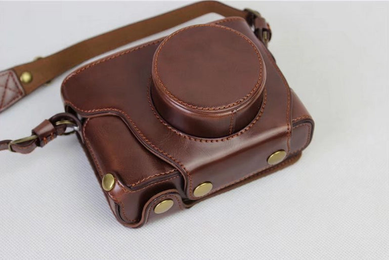 PU Leather Protection Camera Shell + Strap + Camera Lens Bag for Fujifilm X100F - Coffee