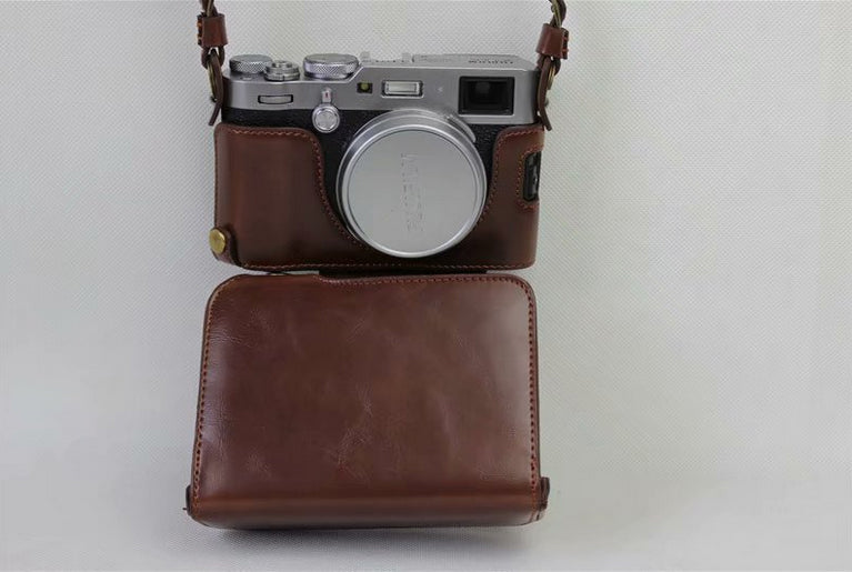 PU Leather Protection Camera Shell + Strap + Camera Lens Bag for Fujifilm X100F - Coffee