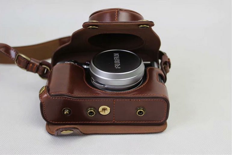 PU Leather Protection Camera Shell + Strap + Camera Lens Bag for Fujifilm X100F - Coffee