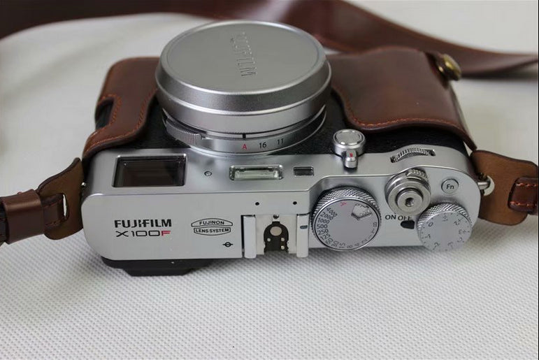 PU Leather Protection Camera Shell + Strap + Camera Lens Bag for Fujifilm X100F - Coffee