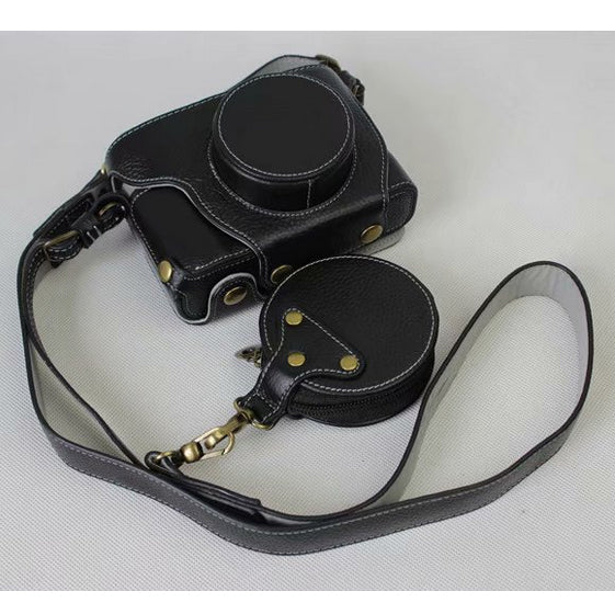 Genuine Leather Camera Protective Case Bag + Strap + Camera Lens Bag for Fujifilm X100F - Black