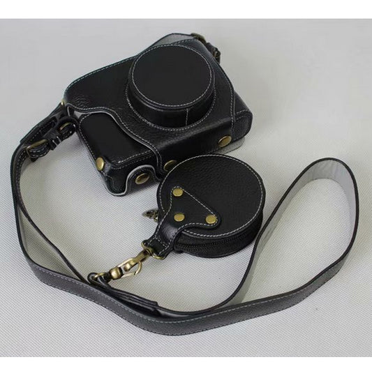 Genuine Leather Camera Protective Case Bag + Strap + Camera Lens Bag for Fujifilm X100F - Black