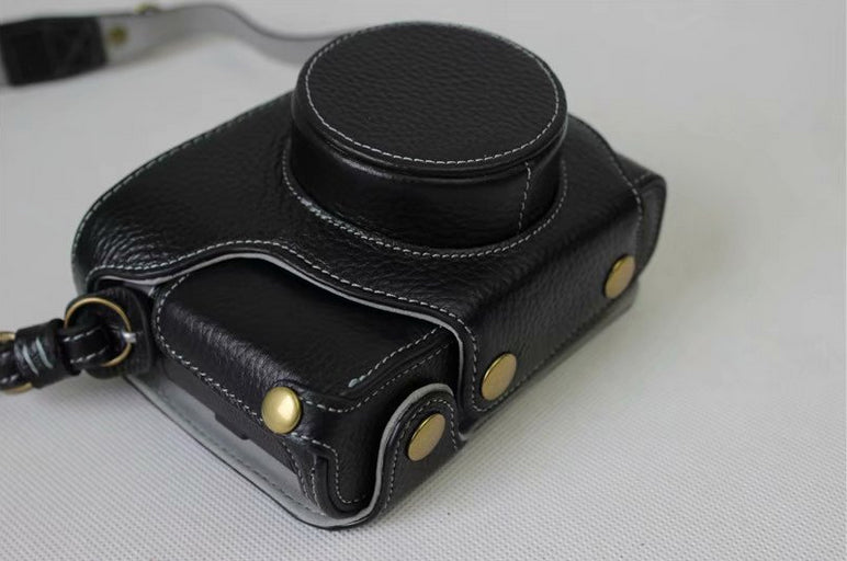 Genuine Leather Camera Protective Case Bag + Strap + Camera Lens Bag for Fujifilm X100F - Black