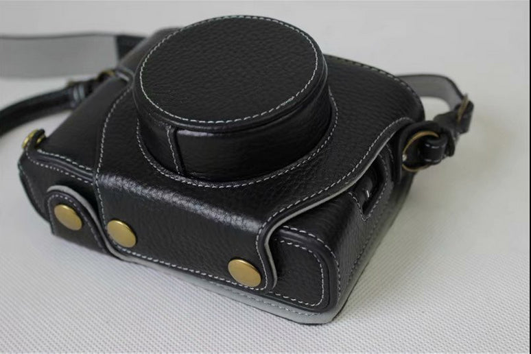 Genuine Leather Camera Protective Case Bag + Strap + Camera Lens Bag for Fujifilm X100F - Black