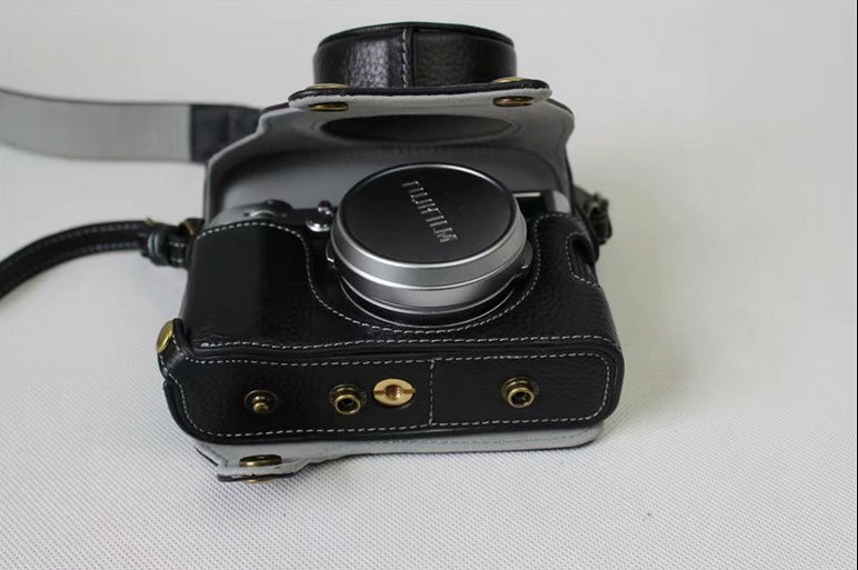 Genuine Leather Camera Protective Case Bag + Strap + Camera Lens Bag for Fujifilm X100F - Black