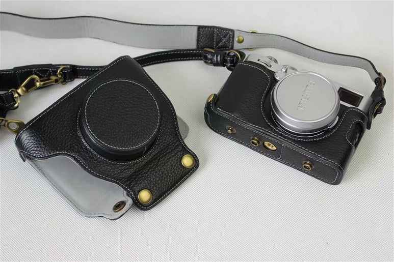 Genuine Leather Camera Protective Case Bag + Strap + Camera Lens Bag for Fujifilm X100F - Black