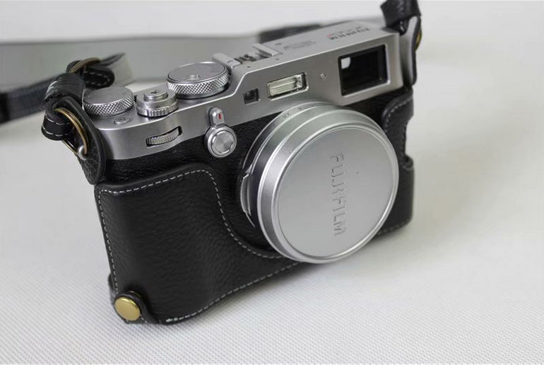 Genuine Leather Camera Protective Case Bag + Strap + Camera Lens Bag for Fujifilm X100F - Black
