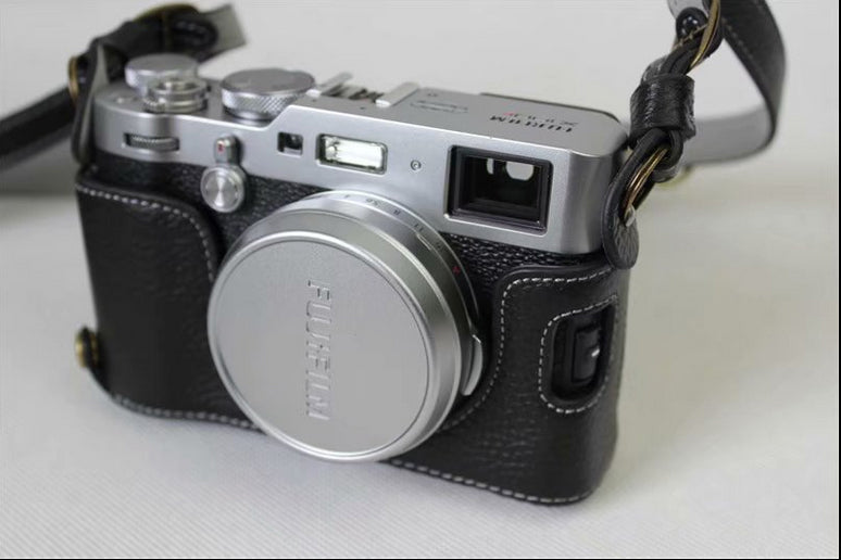 Genuine Leather Camera Protective Case Bag + Strap + Camera Lens Bag for Fujifilm X100F - Black