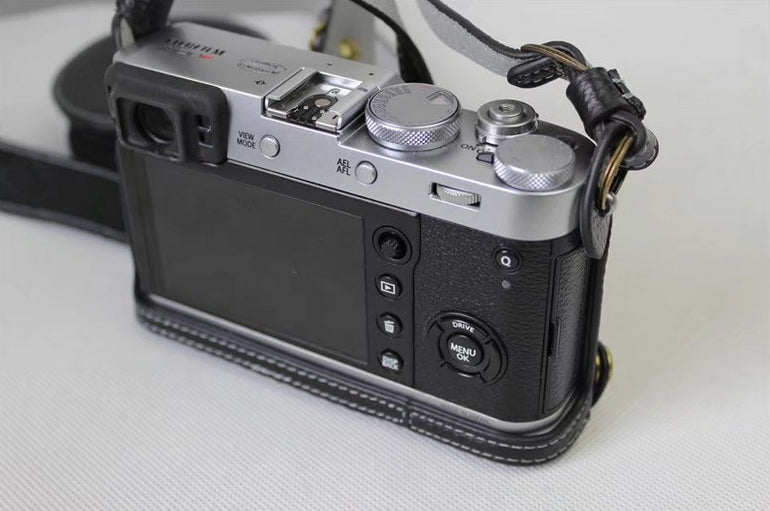 Genuine Leather Camera Protective Case Bag + Strap + Camera Lens Bag for Fujifilm X100F - Black