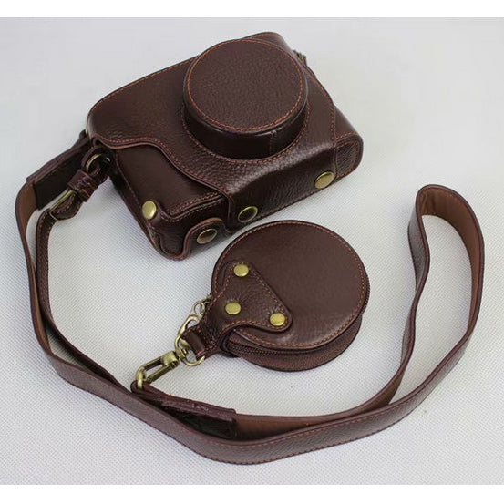 Genuine Leather Camera Protection Cover Shell + Strap + Camera Lens Bag for Fujifilm X100F - Coffee
