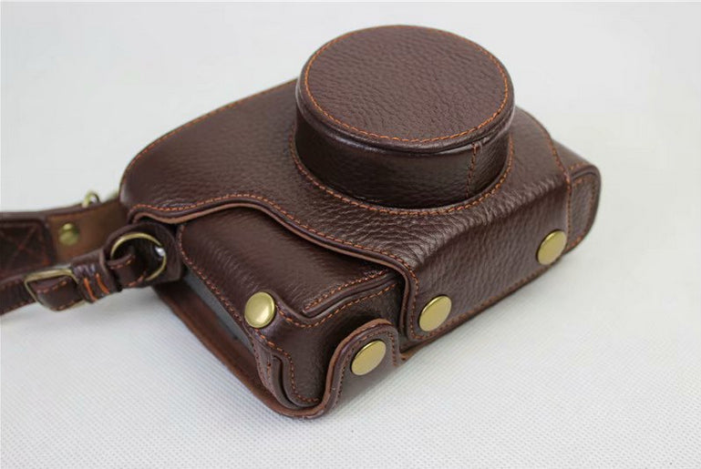 Genuine Leather Camera Protection Cover Shell + Strap + Camera Lens Bag for Fujifilm X100F - Coffee