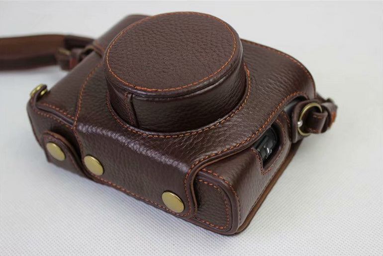 Genuine Leather Camera Protection Cover Shell + Strap + Camera Lens Bag for Fujifilm X100F - Coffee
