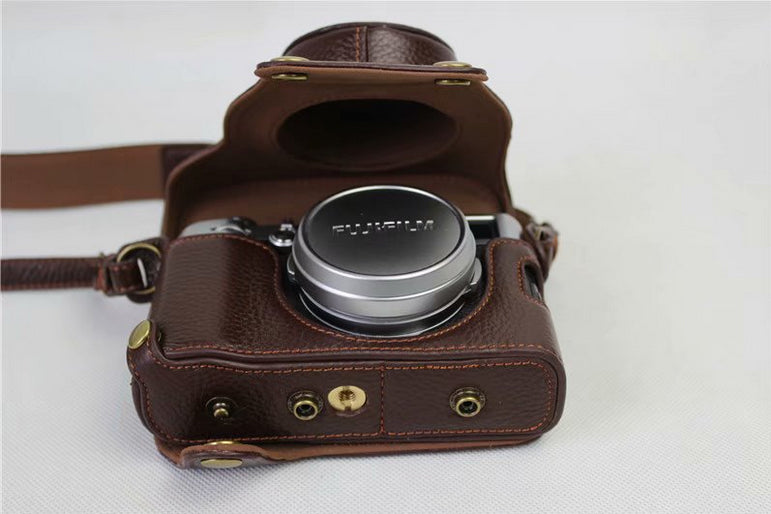 Genuine Leather Camera Protection Cover Shell + Strap + Camera Lens Bag for Fujifilm X100F - Coffee