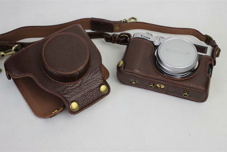Genuine Leather Camera Protection Cover Shell + Strap + Camera Lens Bag for Fujifilm X100F - Coffee