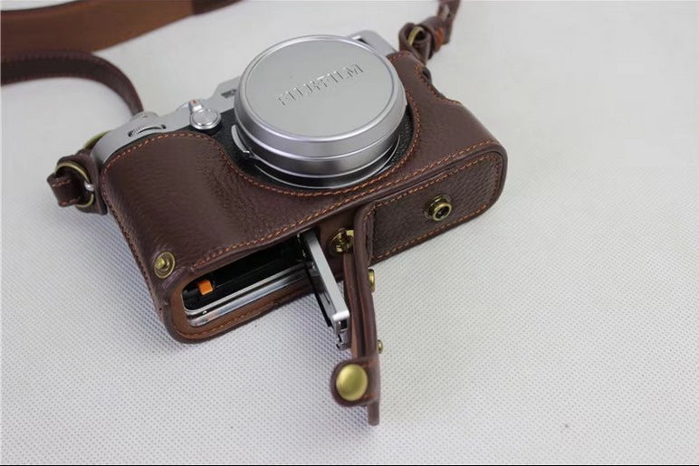 Genuine Leather Camera Protection Cover Shell + Strap + Camera Lens Bag for Fujifilm X100F - Coffee