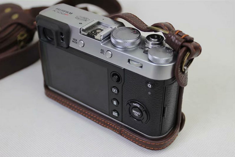 Genuine Leather Camera Protection Cover Shell + Strap + Camera Lens Bag for Fujifilm X100F - Coffee