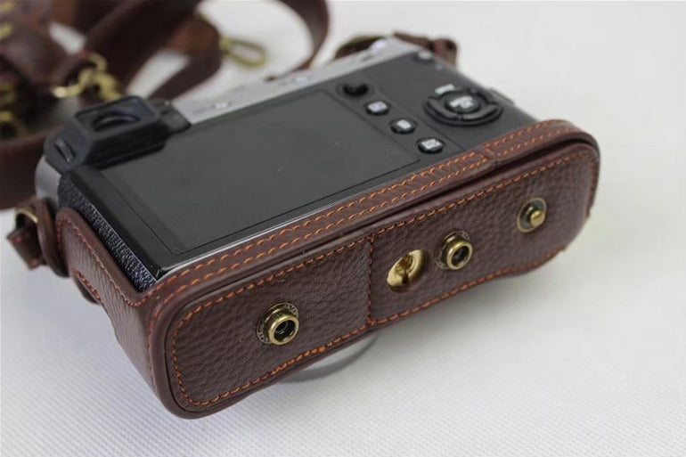 Genuine Leather Camera Protection Cover Shell + Strap + Camera Lens Bag for Fujifilm X100F - Coffee