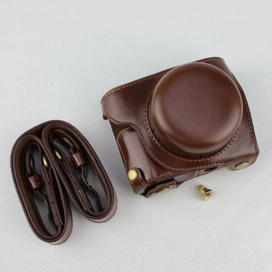 Coffee - Detachable Base PU Leather Camera Protection Pouch + Strap for Panasonic GF10
