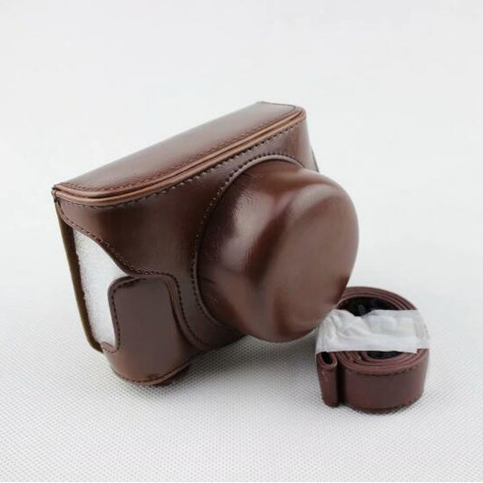 Coffee - PU Leather Camera Protection Bag Case + Strap for Panasonic GF7/GF8/GF9/GF10