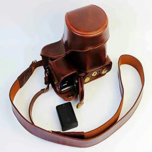 Protective PU Leather Camera Shell Case with Strap for SONY ILCE-6000/ILCE-6300/a6000/a6300 18-55mm - Coffee