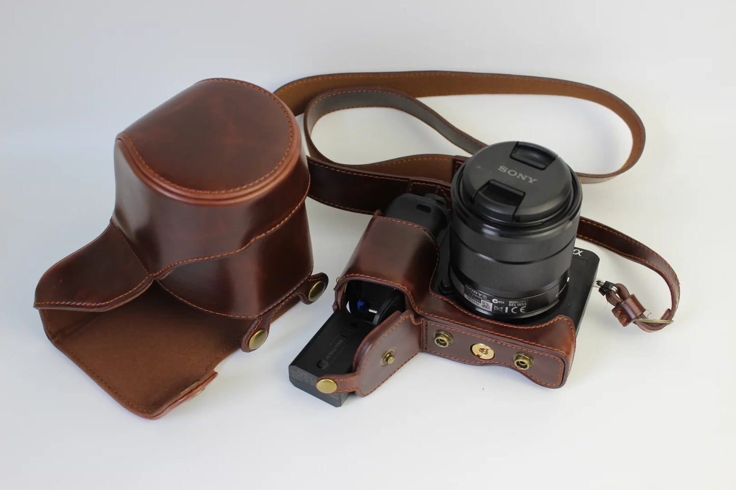 Protective PU Leather Camera Shell Case with Strap for SONY ILCE-6000/ILCE-6300/a6000/a6300 18-55mm - Coffee