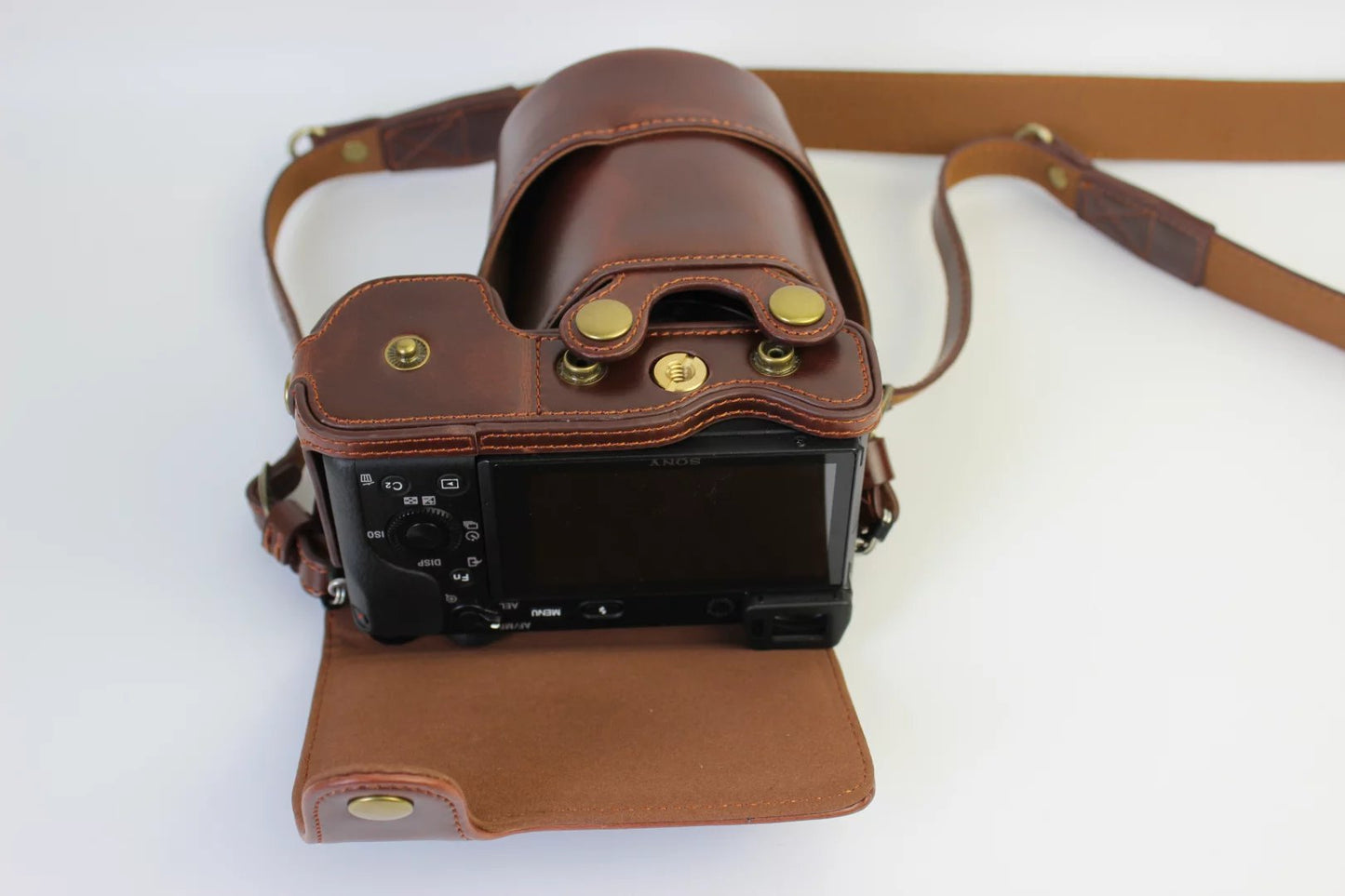 Protective PU Leather Camera Shell Case with Strap for SONY ILCE-6000/ILCE-6300/a6000/a6300 18-55mm - Coffee