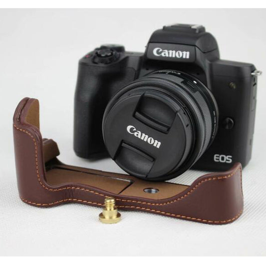 Genuine Leather Half Bottom Camera Protective Case Bag for for Canon EOS M50 - Coffee