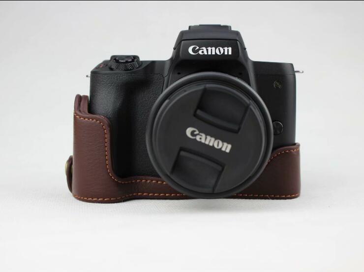 Genuine Leather Half Bottom Camera Protective Case Bag for for Canon EOS M50 - Coffee
