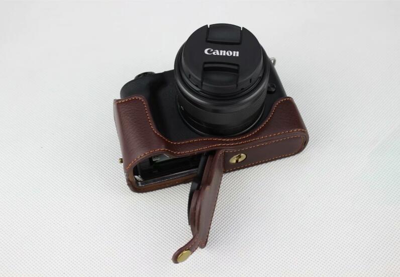 Genuine Leather Half Bottom Camera Protective Case Bag for for Canon EOS M50 - Coffee