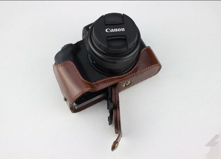 PU Leather Camera Half Case Bottom Mount Cover for Canon EOS M50 - Coffee