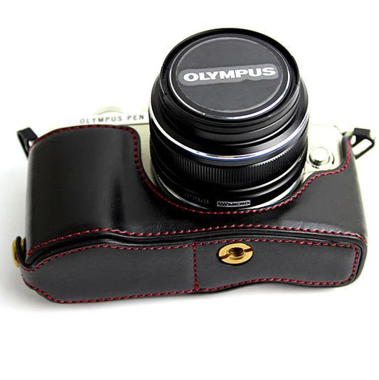 PU Leather Camera Half Bottom Case Protective Cover for Olympus E-PL7 / E-PL8 / E-PL9 - Black