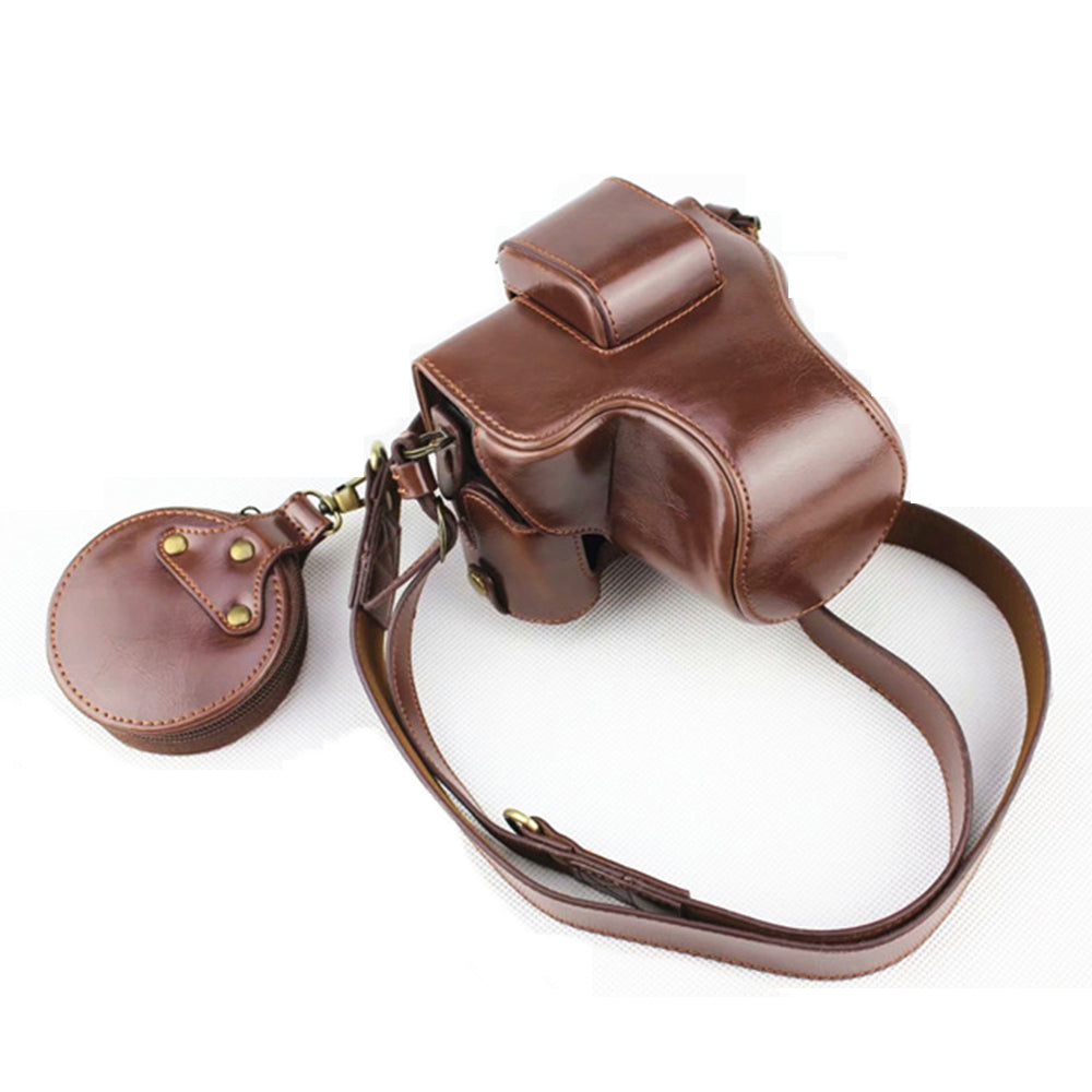 PU Leather Protective Case + Strap + Camera Lens Bag for Canon EOS M50 - Coffee