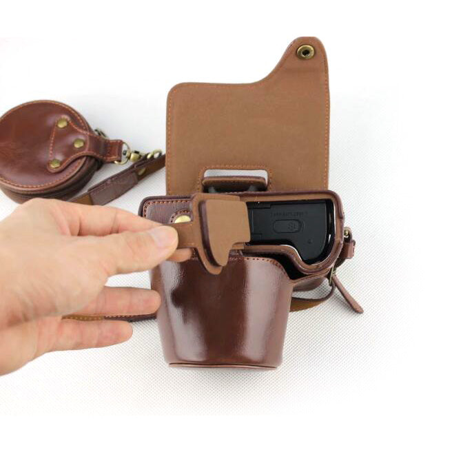 PU Leather Protective Case + Strap + Camera Lens Bag for Canon EOS M50 - Coffee