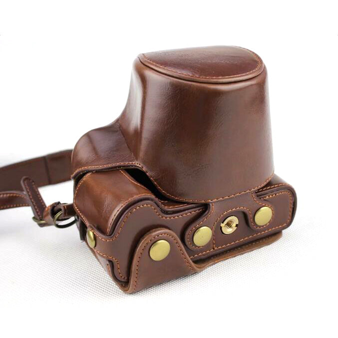PU Leather Protective Case + Strap + Camera Lens Bag for Canon EOS M50 - Coffee
